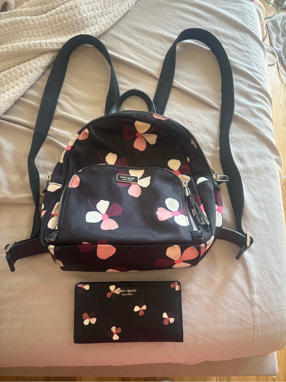 kate spade Black Floral Print Nylon Backpack with Matching Wallet